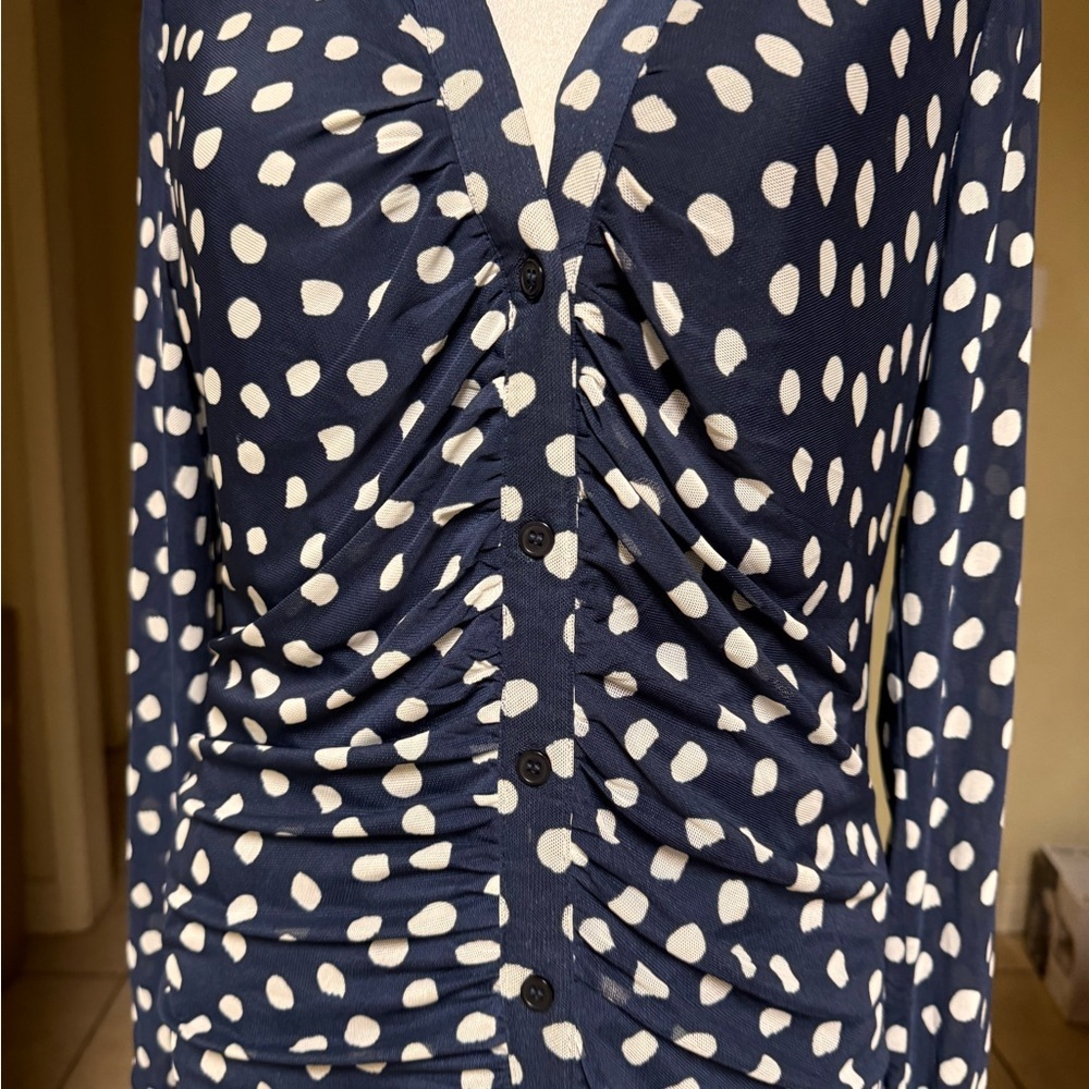 Madison + Hudson Navy Polka Dot Ruched Sheer Sleeve Dress Size Small - Picture 3 of 6
